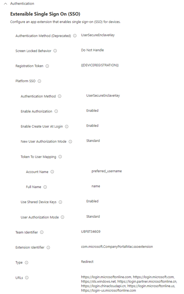 Screenshot showing the configuration settings for Extensible Single Sign-On (SSO) on macOS devices in Microsoft Intune.